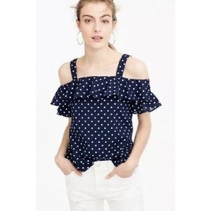 J. Crew Cold-Shoulder Top in Dark Blue with Polka Dots.